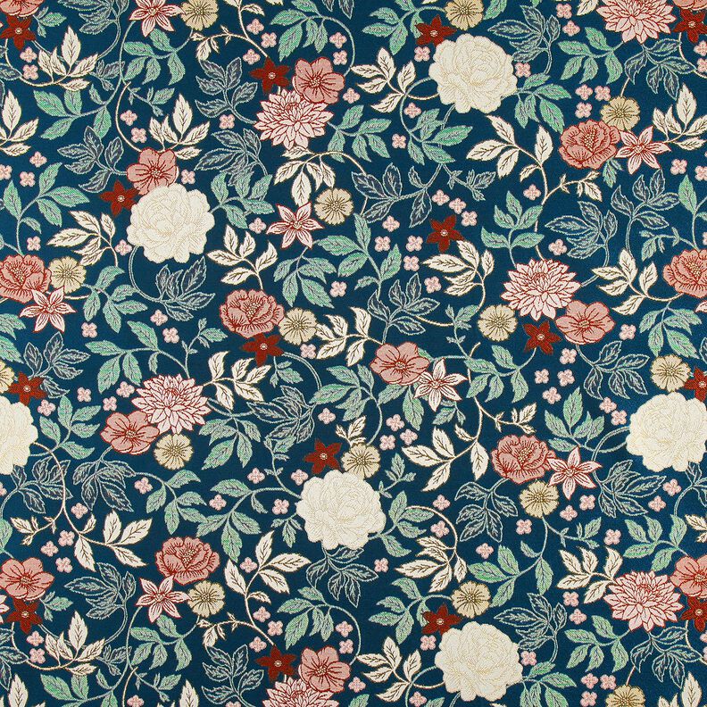 Tecido para decoração Jacquard Flores vintage – azul petróleo/vermelho escuro,  image number 1