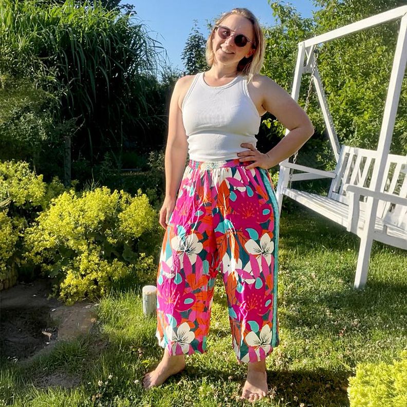 Viscose Voile Flores grandes Design de rebordo Barra – azul petróleo,  image number 6