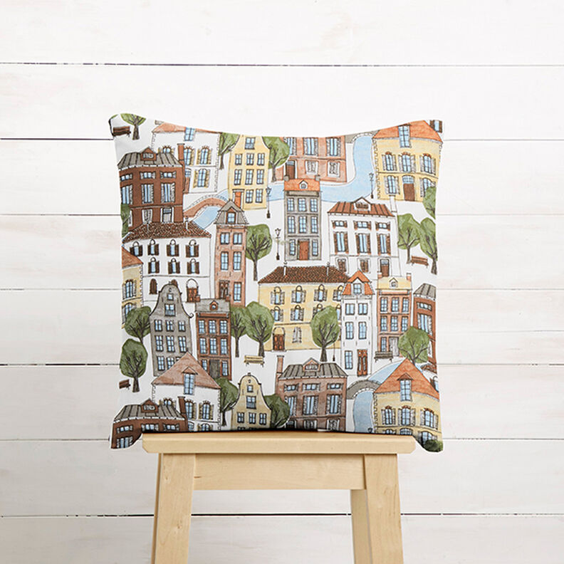 Tecido para decoração Meio linho Panamá Pequena cidade – branco sujo/oliva,  image number 7