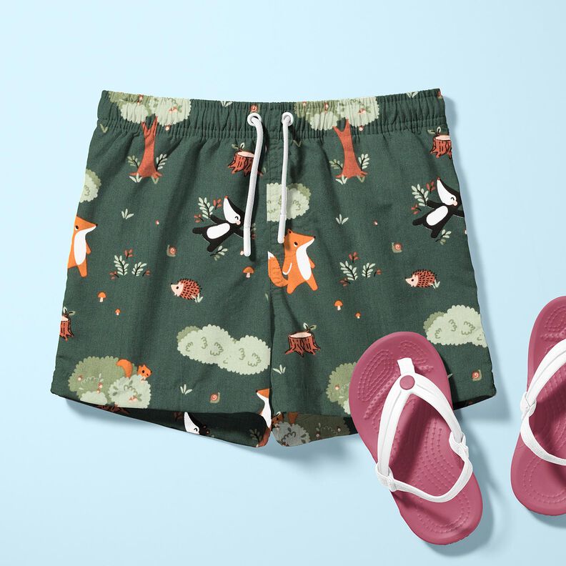 Popelina de algodão Animais da floresta felizes – verde escuro/laranja-pêssego,  image number 5