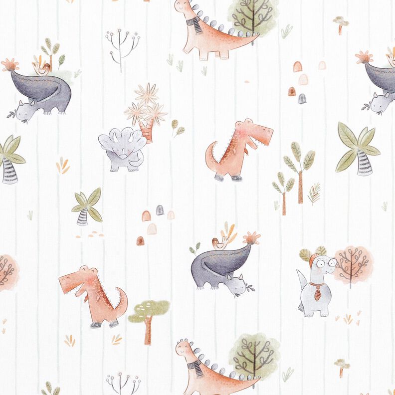 Popelina de algodão Dinossauros e riscas Impressão Digital – branco/verde amarelado,  image number 1