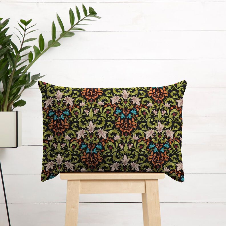 Tecido para decoração Meio linho Panamá Ornamentos de folhas – preto/verde-pinheiro,  image number 7