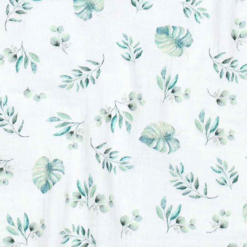 GOTS Musselina/ Tecido plissado duplo Folhas da selva | by Poppy – branco/menta clara,  image number 2