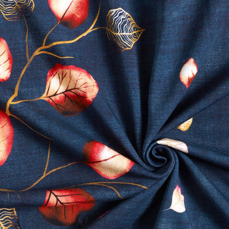 French Terry Tecido com orla Folhas de outono | Glitzerpüppi – azul-marinho/laranja-pêssego,  image number 3