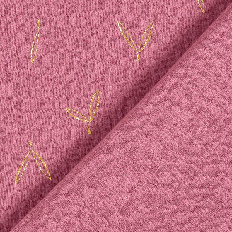 Musselina/ Tecido plissado duplo Estampado prateado Folhas – framboesa/dourado,  image number 5