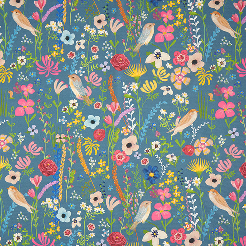 Tecido para exteriores Lona lona Pássaros e flores – azul aço,  image number 1