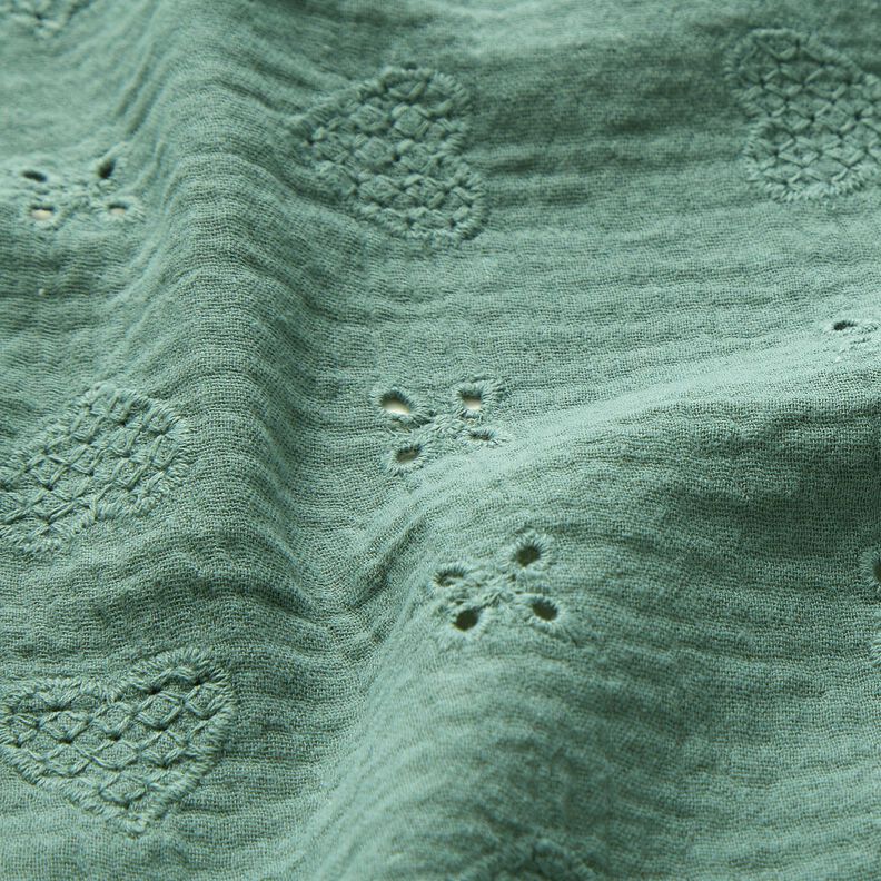 Musselina/ Tecido plissado duplo Bordado inglês Corações – pinheiro azul,  image number 2