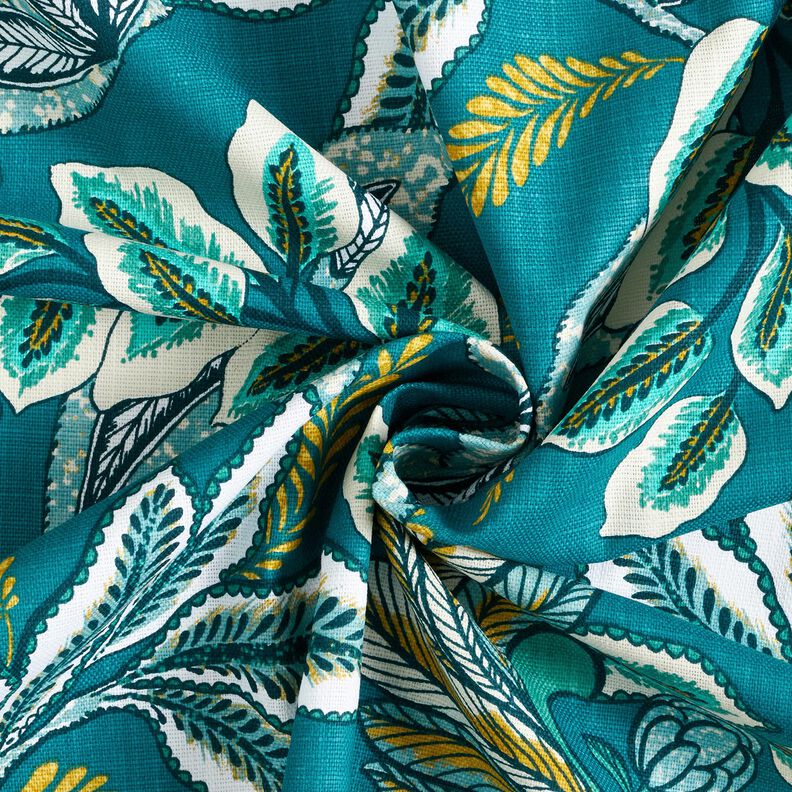 Tecido para decoração Panamá Folhas entrelaçadas – azul petróleo/mostarda,  image number 3