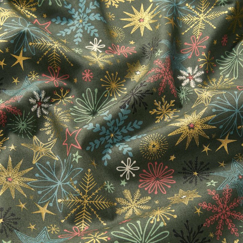 Tecido de algodão Popelina Mistura de estrelas – pinheiro escuro/dourado,  image number 2
