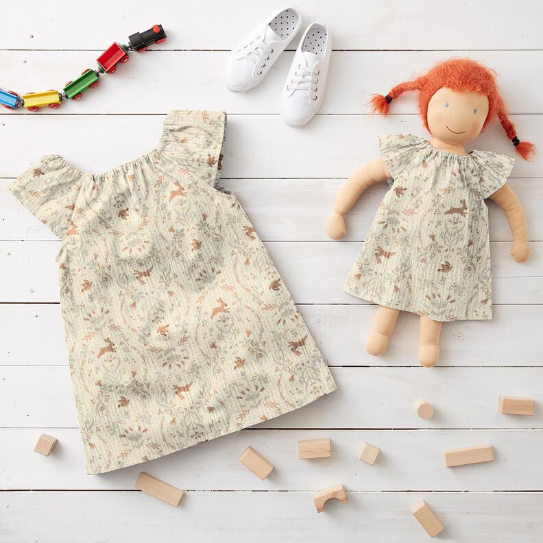 Musselina/ Tecido plissado duplo Pássaro e coelho no jardim em flor – branco sujo,  image number 5