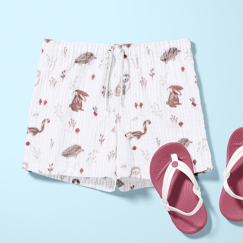 Musselina/ Tecido plissado duplo Animais na clareira da floresta – branco,  image number 6