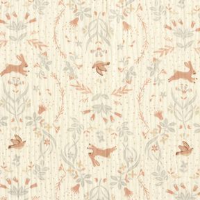 Musselina/ Tecido plissado duplo P&aacute;ssaro e coelho no jardim em flor &ndash; branco sujo, 