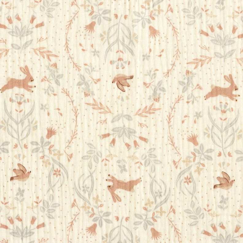 Musselina/ Tecido plissado duplo Pássaro e coelho no jardim em flor – branco sujo,  image number 1