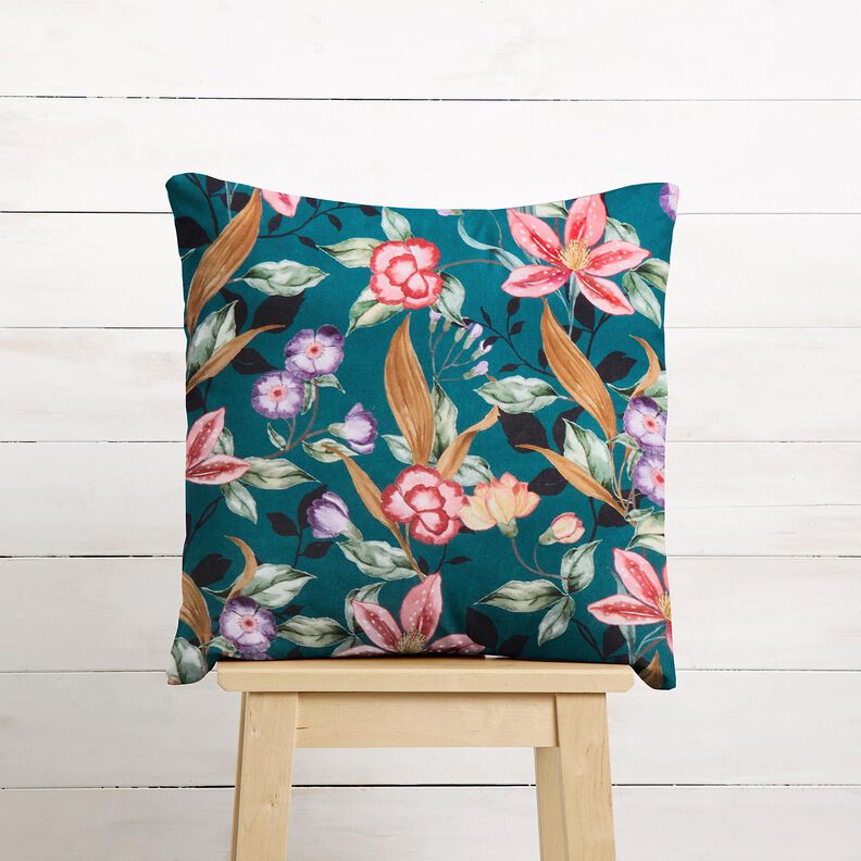 Veludo para decora&ccedil;&atilde;o Flores elegantes &ndash; azul petr&oacute;leo/pink,  image number 6