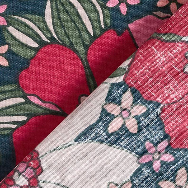 Tecido de algodão Cretone Flores retro – azul petróleo/rosa,  image number 4