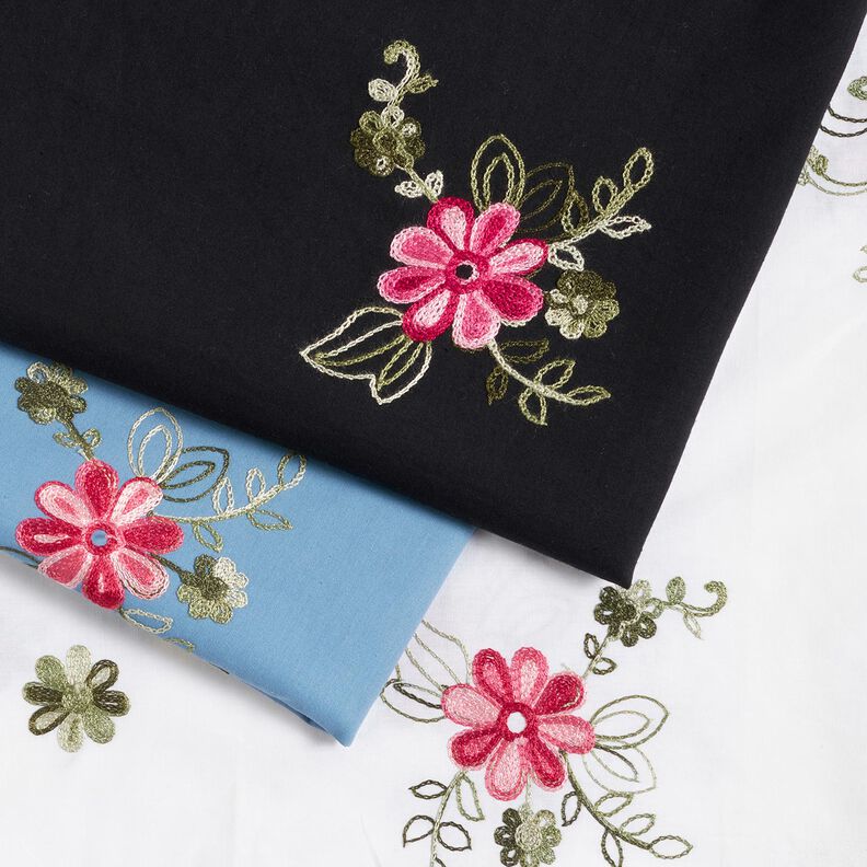Popelina de algodão Bordado Ramos de flores – preto/baga,  image number 5
