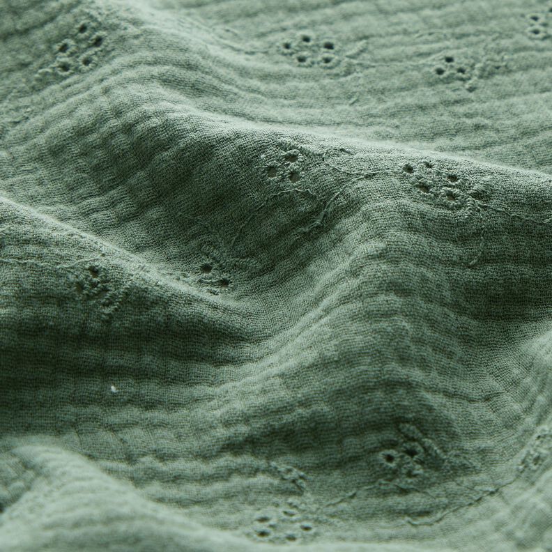 Musselina/ Tecido plissado duplo Bordado inglês Gavinhas florais – verde escuro,  image number 2