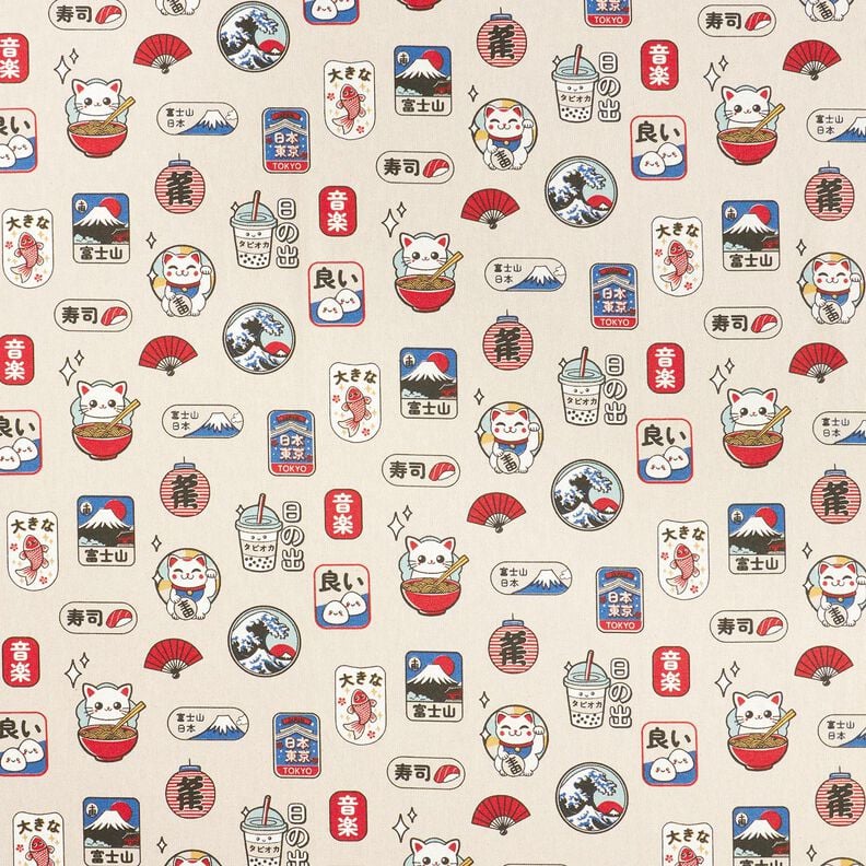 Tecido para decora&ccedil;&atilde;o Meio linho Panam&aacute; Petiscos asi&aacute;ticos &ndash; natural/azul,  image number 1