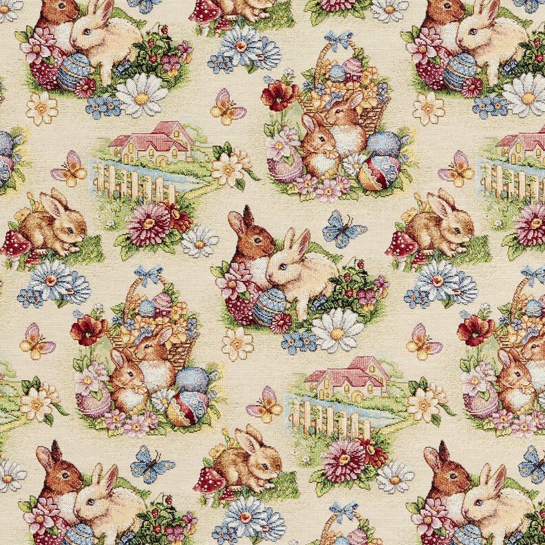 Tecido para decoração Gobelina Coelhinhos de Páscoa no jardim – bege claro/baga,  image number 1