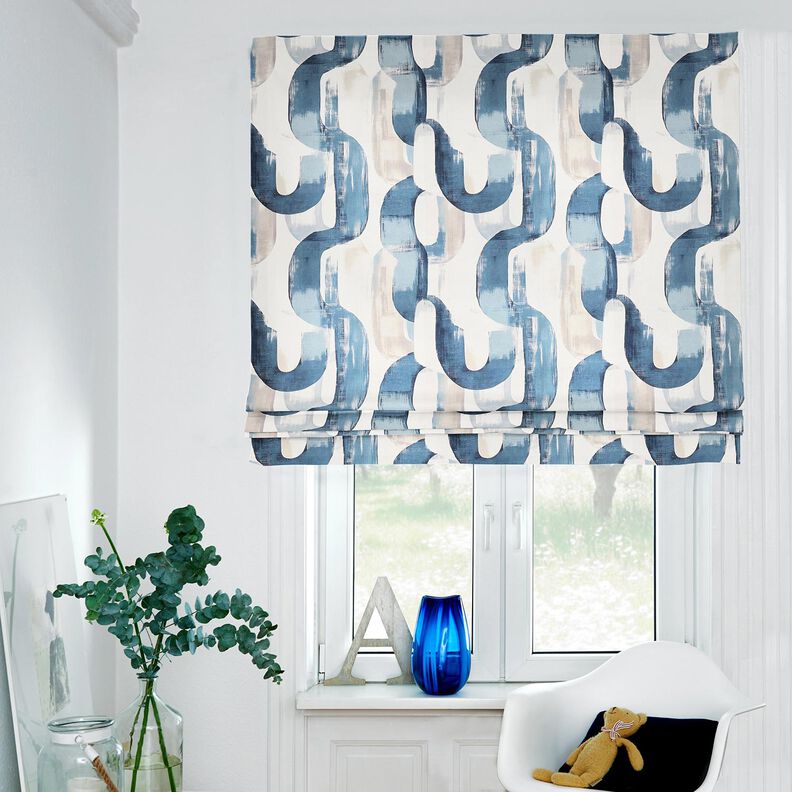 Tecido para decoração Meio linho Panamá Corrente abstrata – marfim/azul,  image number 6