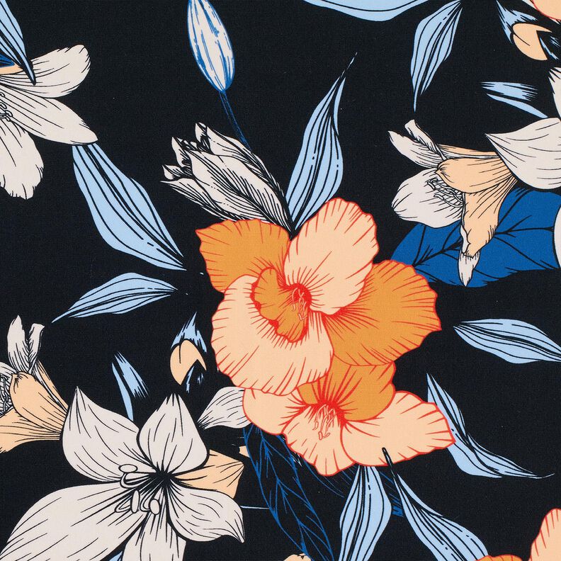 Tecido para fatos de banho Grandes flores de hibisco – preto azulado/damasco,  image number 6