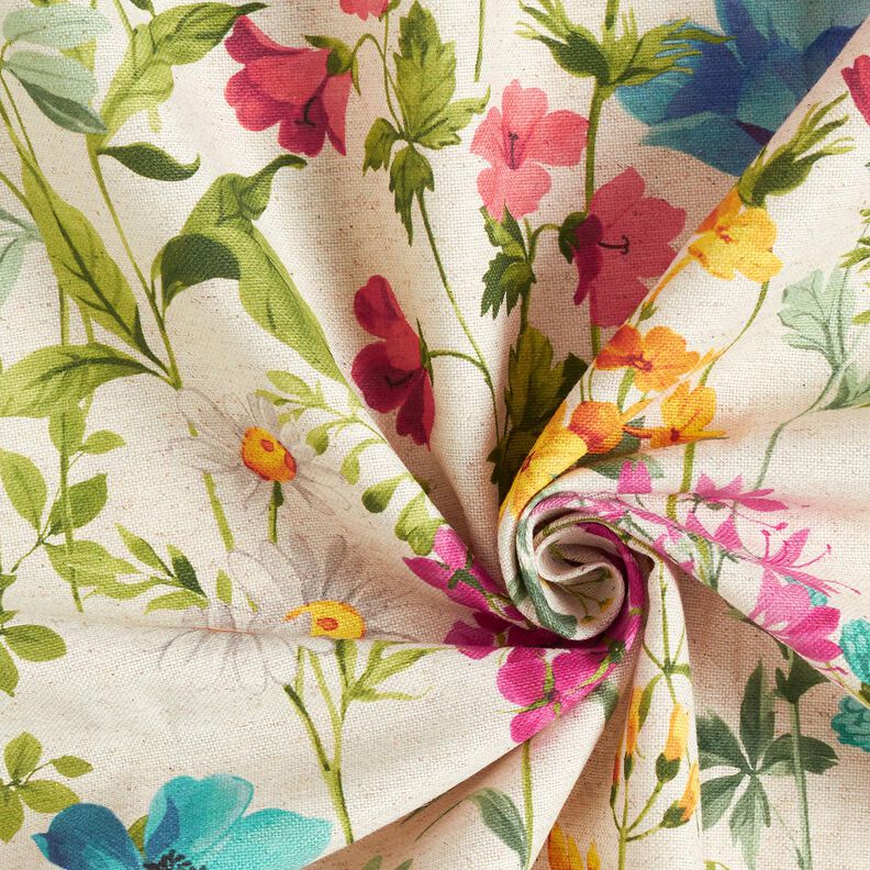 Tecido para decoração Meio linho Panamá Flores dos prados – natural/framboesa,  image number 3