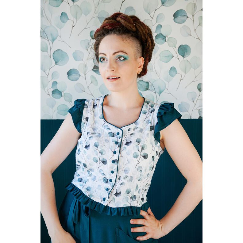 Musselina/ Tecido plissado duplo Aguarela Gavinha de eucalipto Impressão Digital – branco,  image number 5