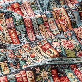 Tecido para decora&ccedil;&atilde;o Gobelina estante de livros colorida &ndash; pinheiro azul/carmin, 