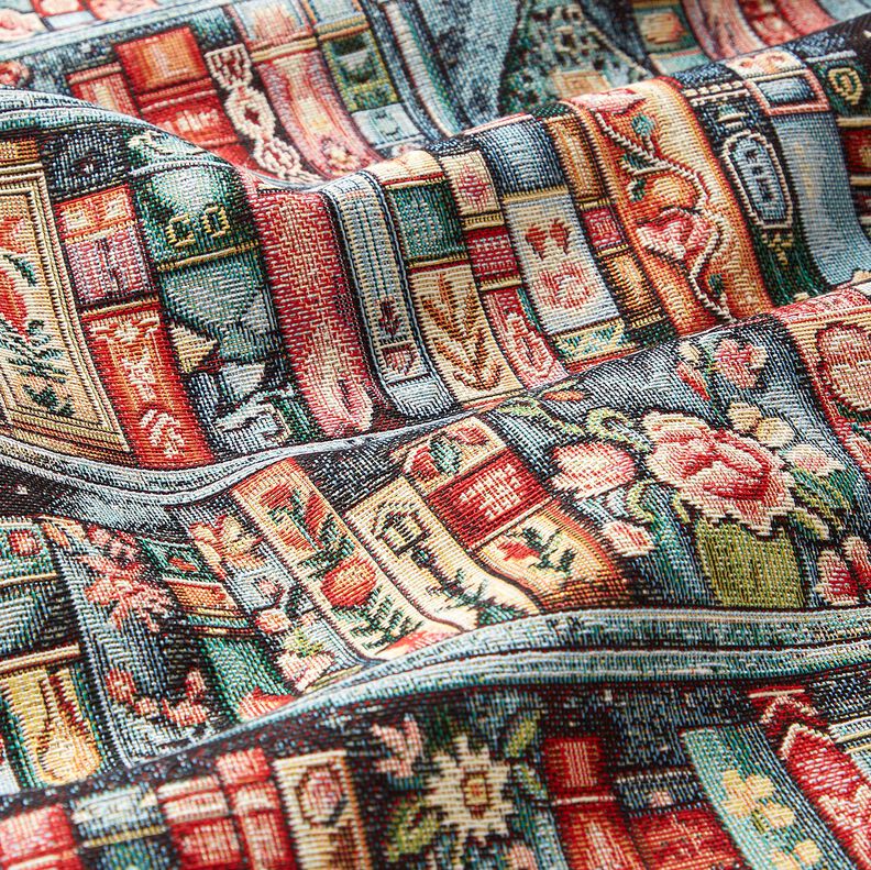 Tecido para decora&ccedil;&atilde;o Gobelina estante de livros colorida &ndash; pinheiro azul/carmin,  image number 2