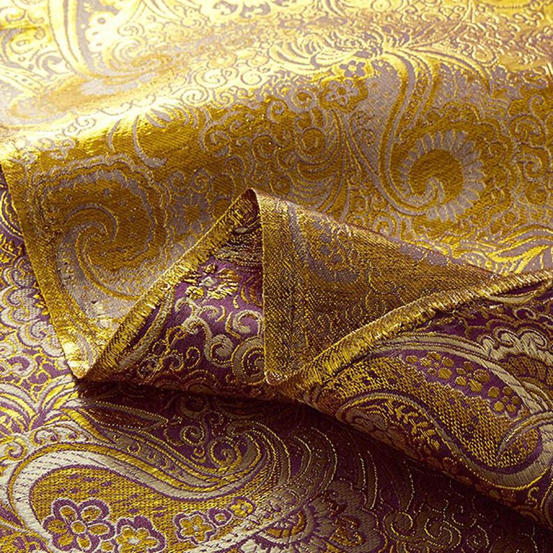 Jacquard para vestuário Paisley metálico – roxo/dourado,  image number 3