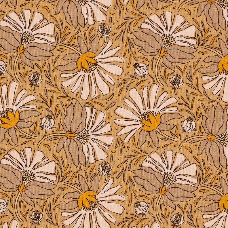 Tecido para decoração Meio linho Panamá Flores grandes – bege escuro/amarelo-caril,  image number 1