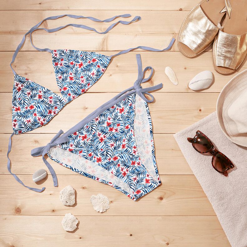 Tecido para fatos de banho Flores e folhas de palmeira – branco/índigo,  image number 6