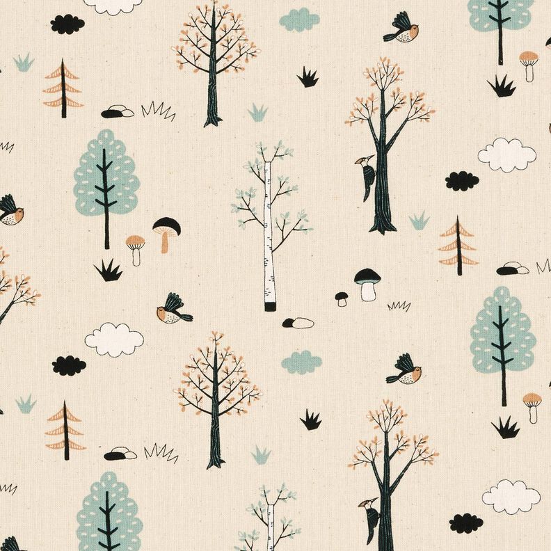 GOTS Tecido de algodão Cretone Pássaros na floresta – natural/eucalipto,  image number 1
