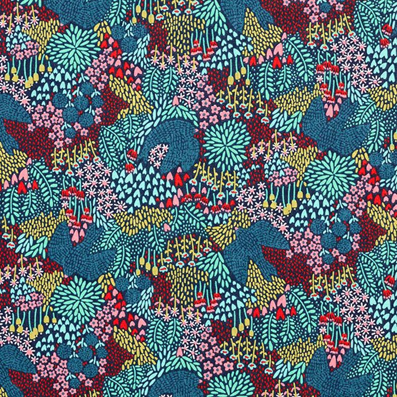 Tecido de algodão cretone pássaros num campo de flores – azul-noite,  image number 1