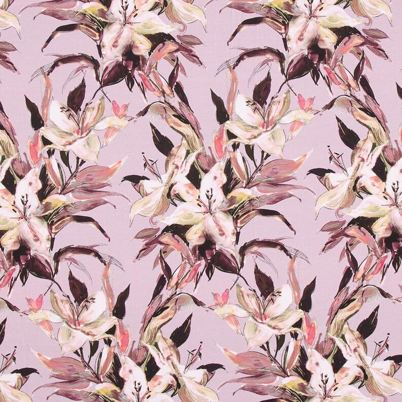Jersey de algodão Lírios grandes Impressão digital – púrpura média/greige | Retalho 60cm,  image number 1