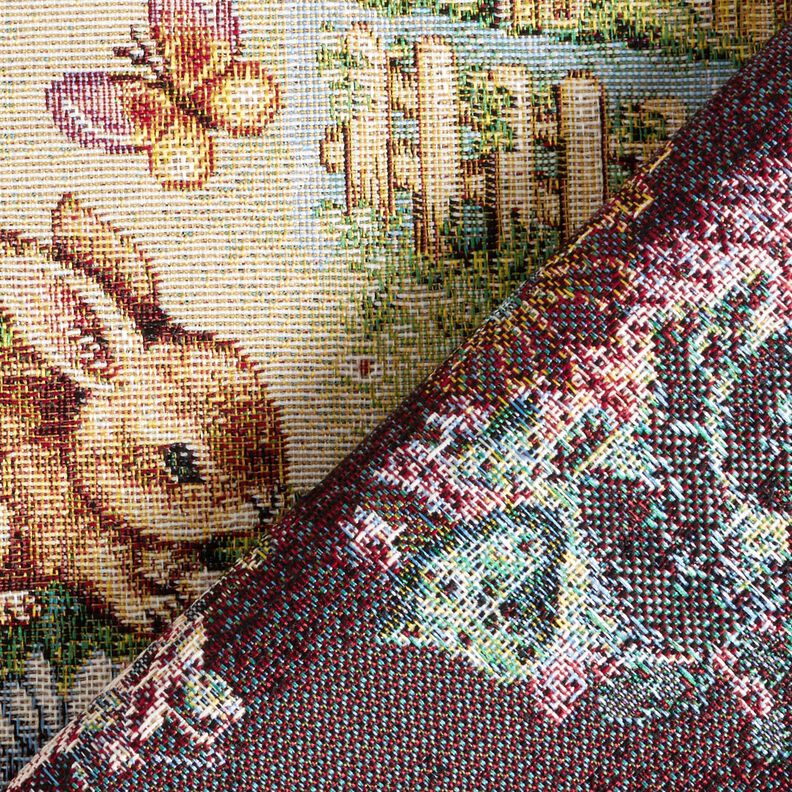 Tecido para decoração Gobelina Coelhinhos de Páscoa no jardim – bege claro/baga,  image number 4
