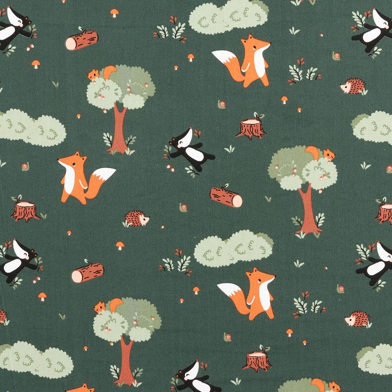 Popelina de algodão Animais da floresta felizes – verde escuro/laranja-pêssego,  image number 1