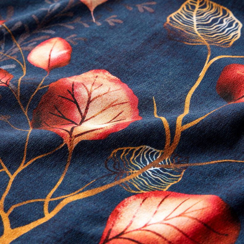 French Terry Tecido com orla Folhas de outono | Glitzerpüppi – azul-marinho/laranja-pêssego,  image number 6