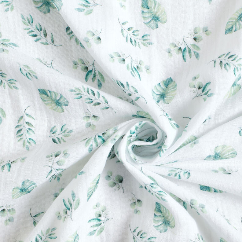 GOTS Musselina/ Tecido plissado duplo Folhas da selva | by Poppy – branco/menta clara,  image number 3