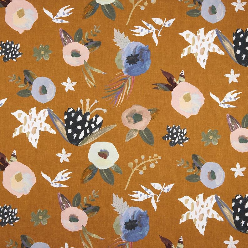 Tecido para decora&ccedil;&atilde;o Meio linho Panam&aacute; Grandes flores retro &ndash; cor de caramelo/caqui-claro,  image number 1