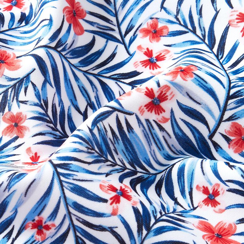 Tecido para fatos de banho Flores e folhas de palmeira – branco/índigo,  image number 2