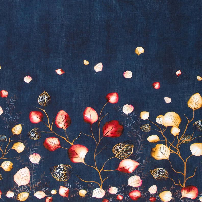 French Terry Tecido com orla Folhas de outono | Glitzerpüppi – azul-marinho/laranja-pêssego,  image number 1