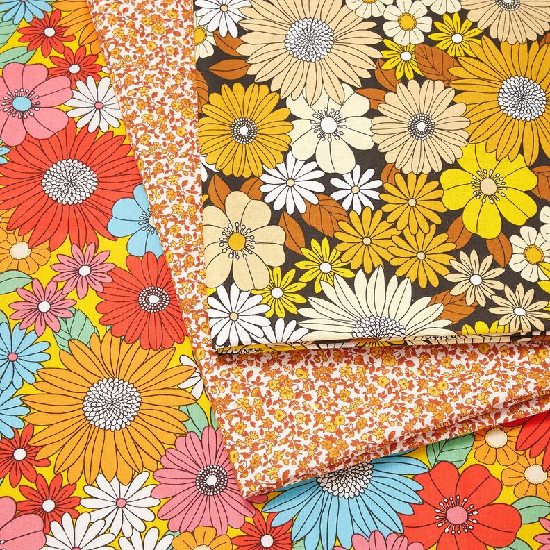 Tecido de algodão Cretone Grandes flores retro – turquesa/amarelo-sol,  image number 5