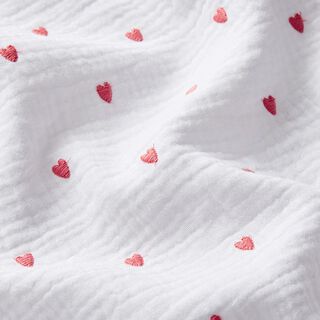 Musselina/ Tecido plissado duplo Corações bordados – branco/rosa embaçado, 