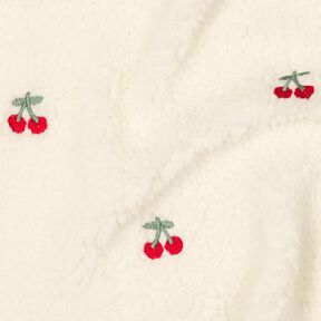 Tecido de pelúcia Teddy Cerejas bordadas | Poppy Fabrics – marfim/cor de malagueta, 