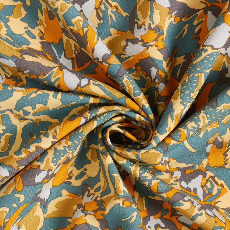 Tecido de viscose mar de flores abstrato – pinheiro azul/amarelo-caril | Retalho 60cm,  image number 3
