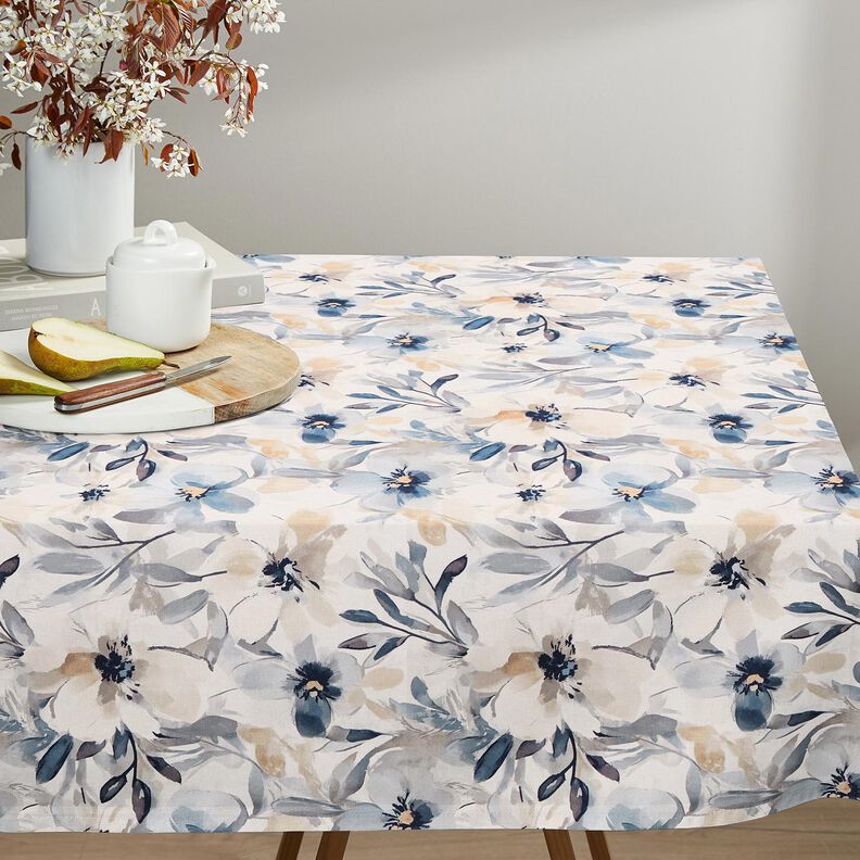 Tecido para decoração Meio linho Panamá Flores grandes – amêndoa/azul,  image number 8