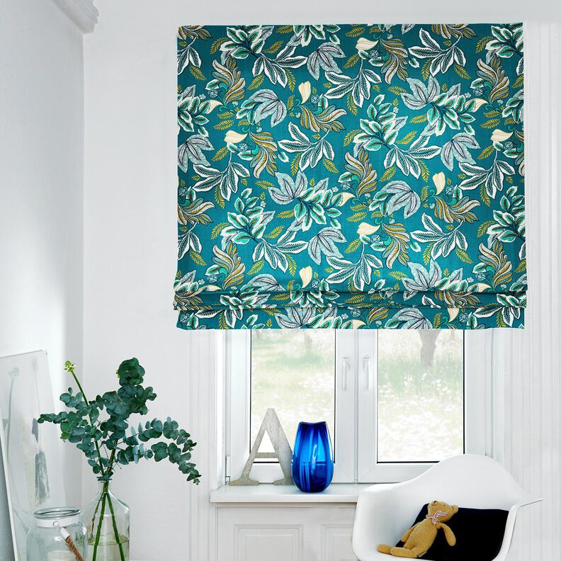 Tecido para decoração Panamá Folhas entrelaçadas – azul petróleo/mostarda,  image number 6