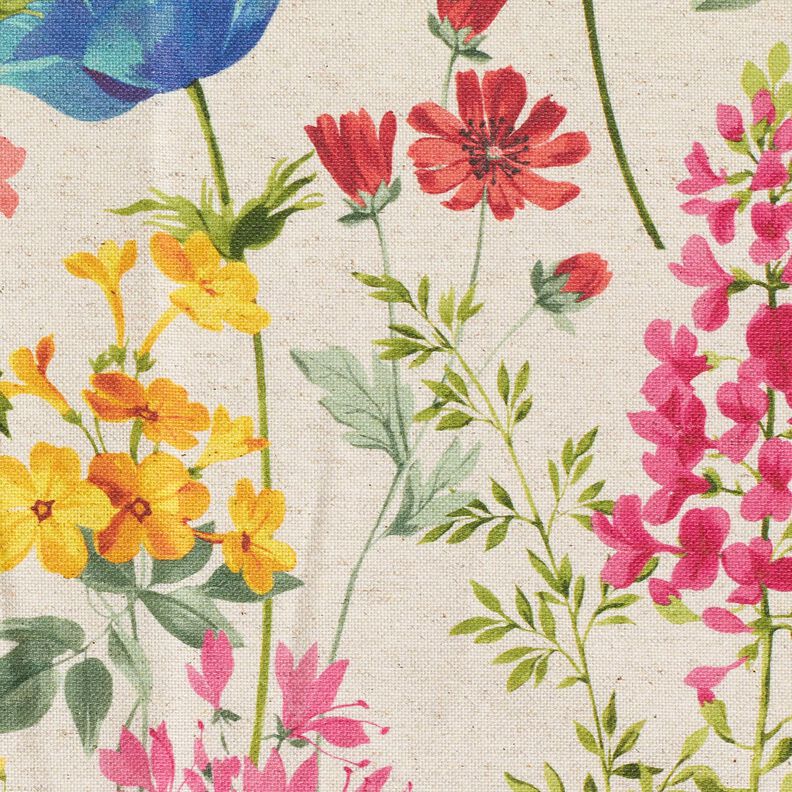 Tecido para decoração Meio linho Panamá Flores dos prados – natural/framboesa,  image number 5