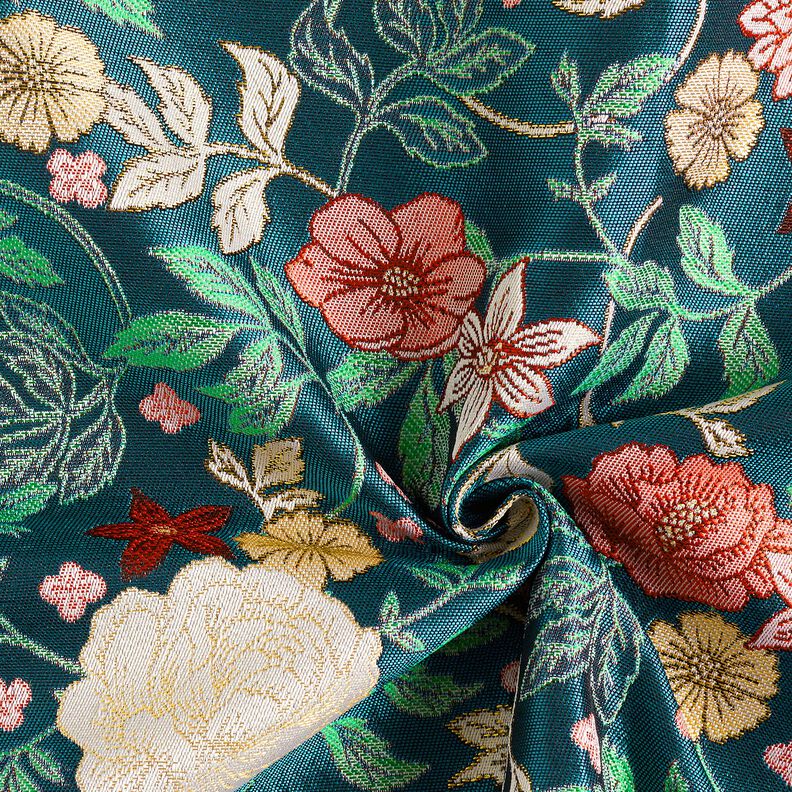 Tecido para decoração Jacquard Flores vintage – azul petróleo/vermelho escuro,  image number 3